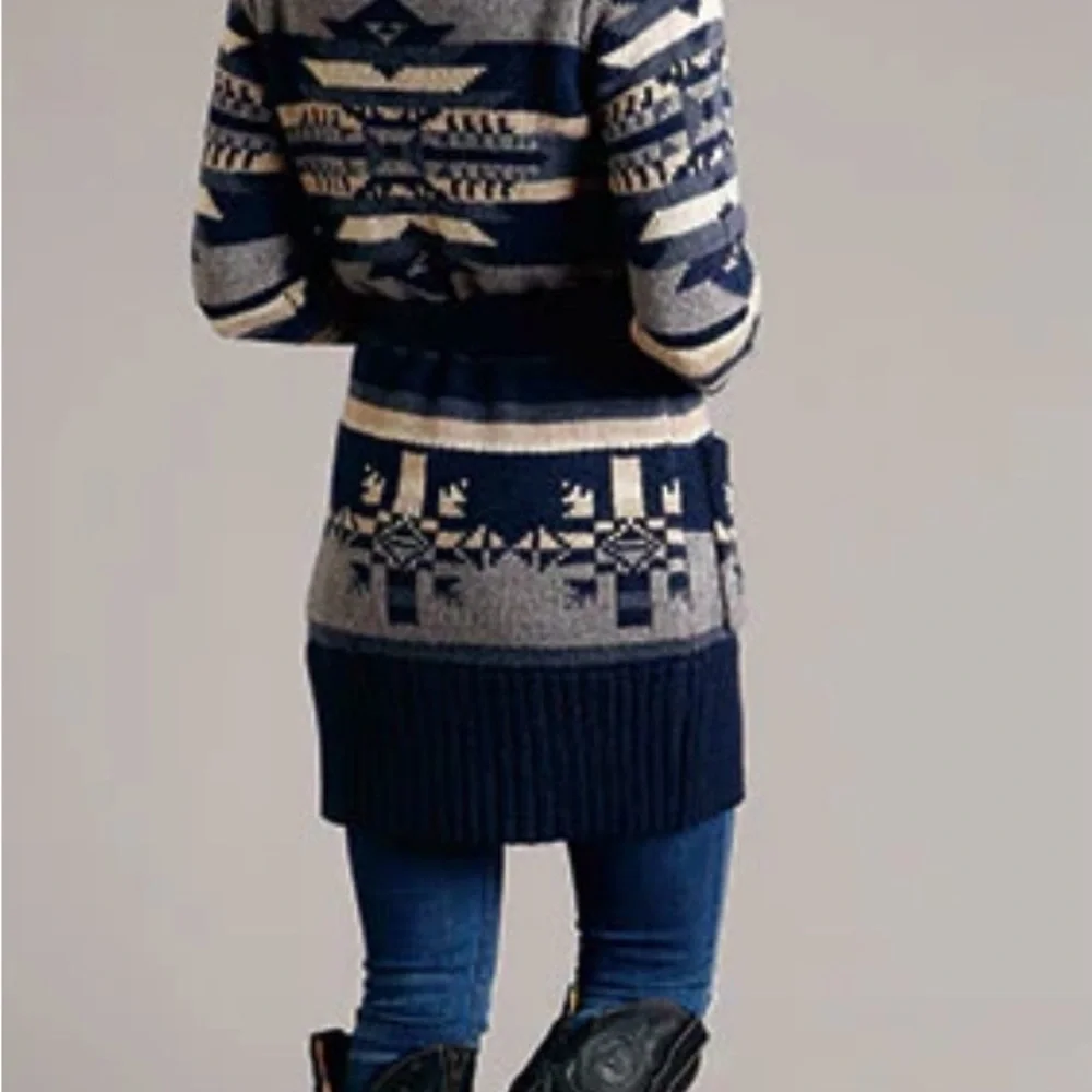 Stetson Indigo Aztec Belted Cardigan. Wool blend. Shawl collar. Tribal. Western - Picture 5 of 15